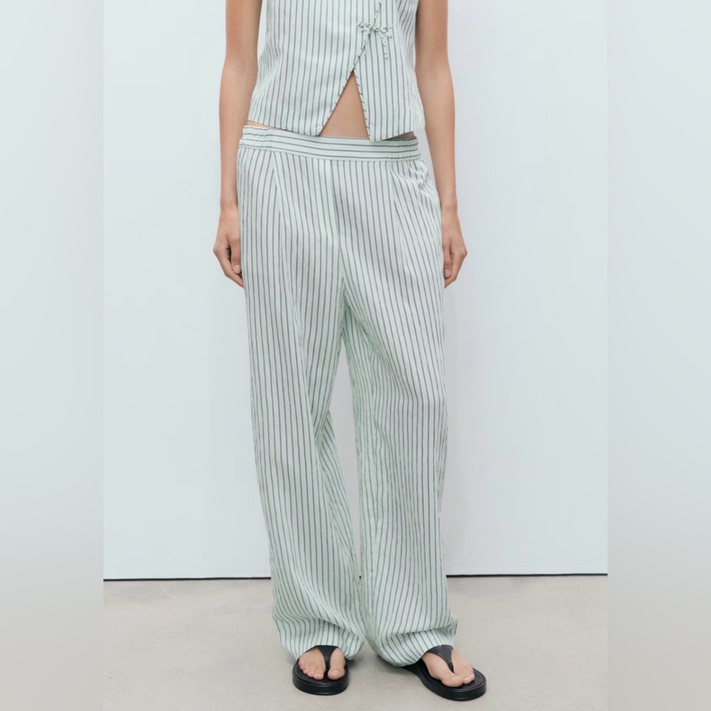 Mango Stripped Flowy Trousers - Pastel Green